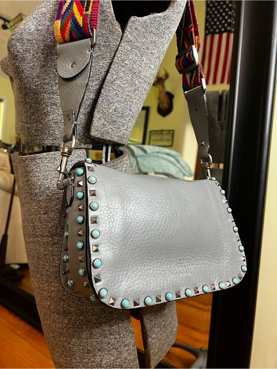 Valentino Garavani Handbags - VALENTINO GARAVANI GUITAR ROCKSTUD ROLLING TURQUOISE STUDDED GRAY CROSSBODY BAG